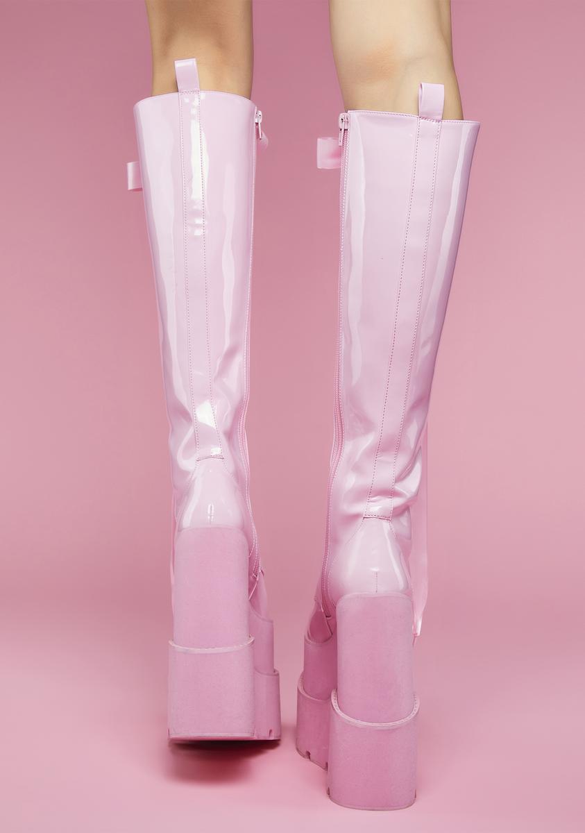 Sugar Thrillz Ribbon Lace Up Knee High Platform Boots - Pink