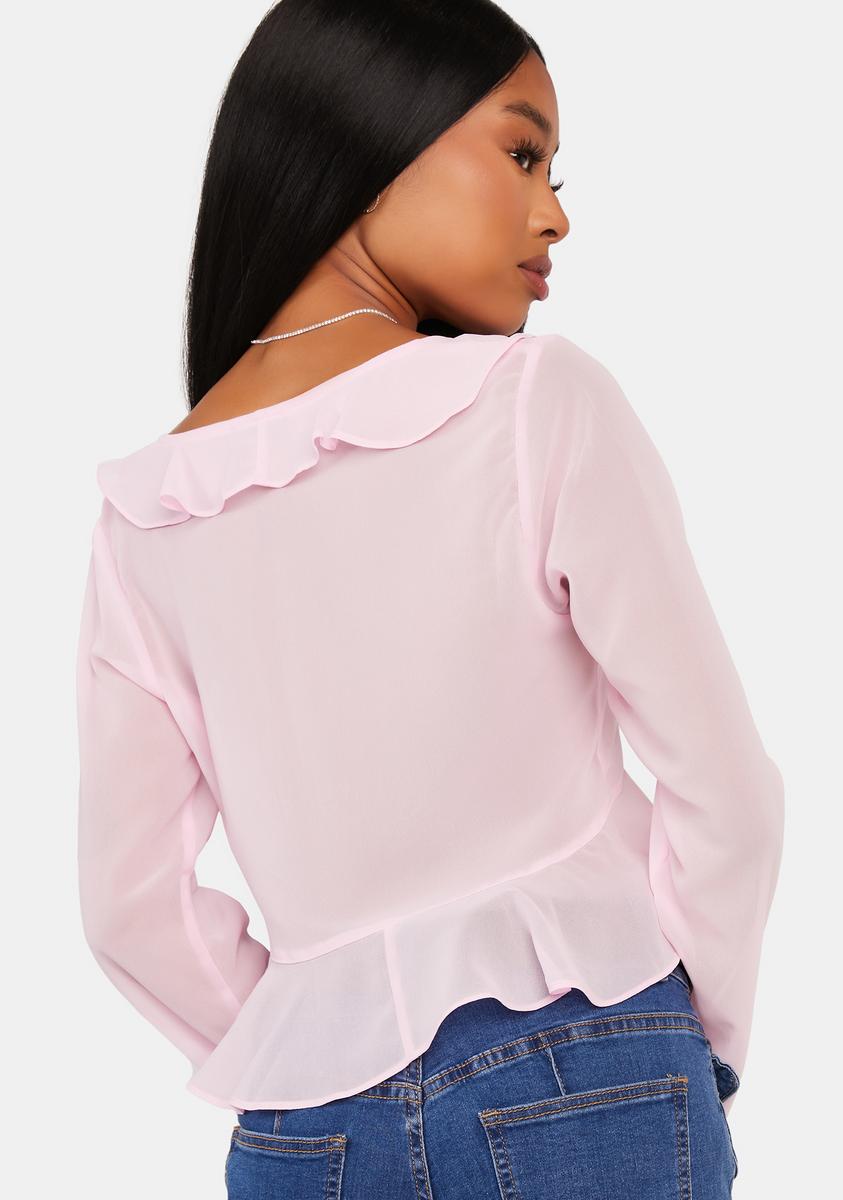 Edikted Sheer Ruffle Blouse - Pink – Dolls Kill