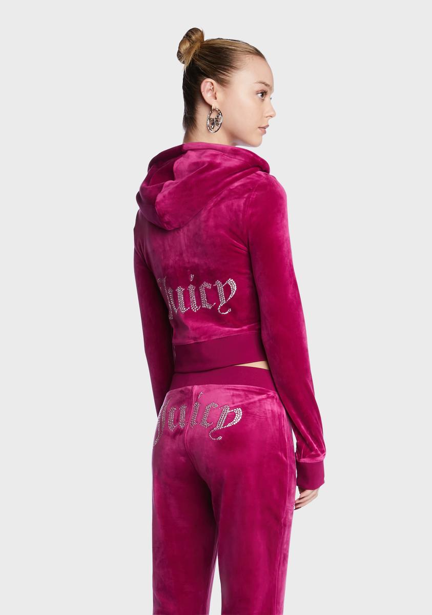 Juicy Couture Rhinestone Crop Zip Up Hoodie - Dark Pink Velour – Dolls Kill