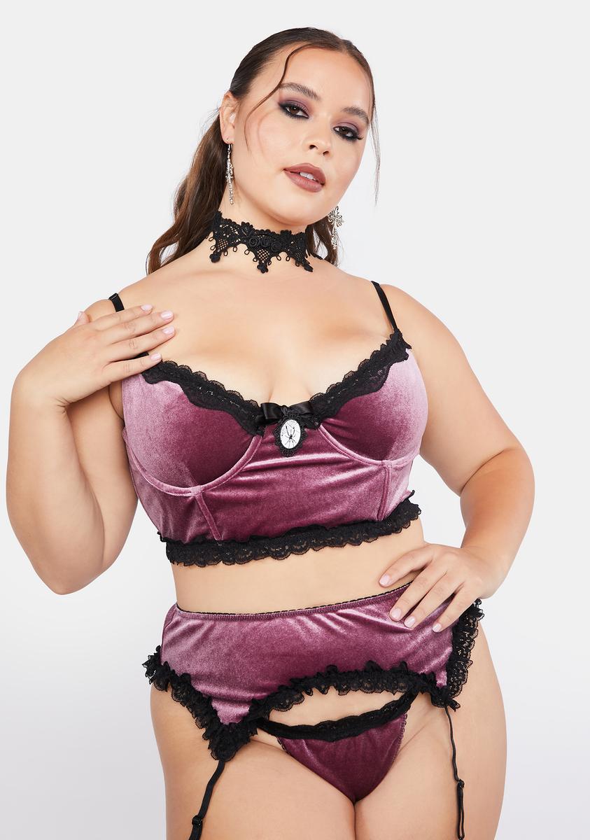 Plus Size Widow Velvet Lace Trim Garter Belt And G String Mauve – Dolls Kill