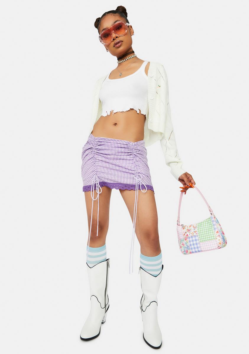 Gingham Mid Rise Ruched Eyelet Trim Mini Skirt - Purple – Dolls Kill