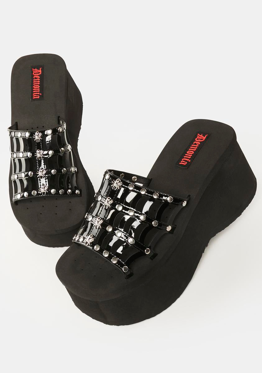 Demonia Spider Web Platform Slides - Black Patent – Dolls Kill