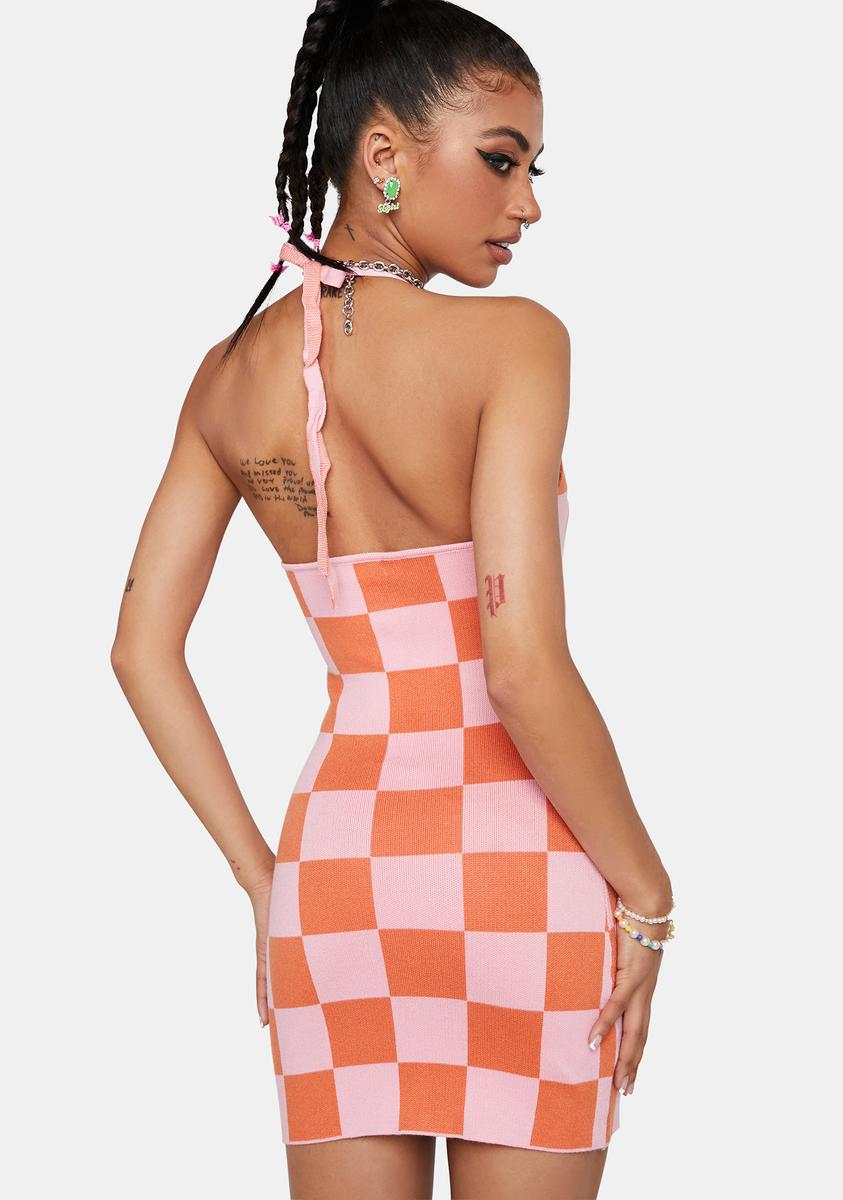 Peppermayo Halter Checker Print Knit Bodycon Mini Dress - Pink