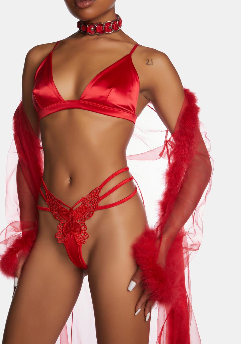 Satin Butterfly Embroidery Lingerie Set - Red – Dolls Kill