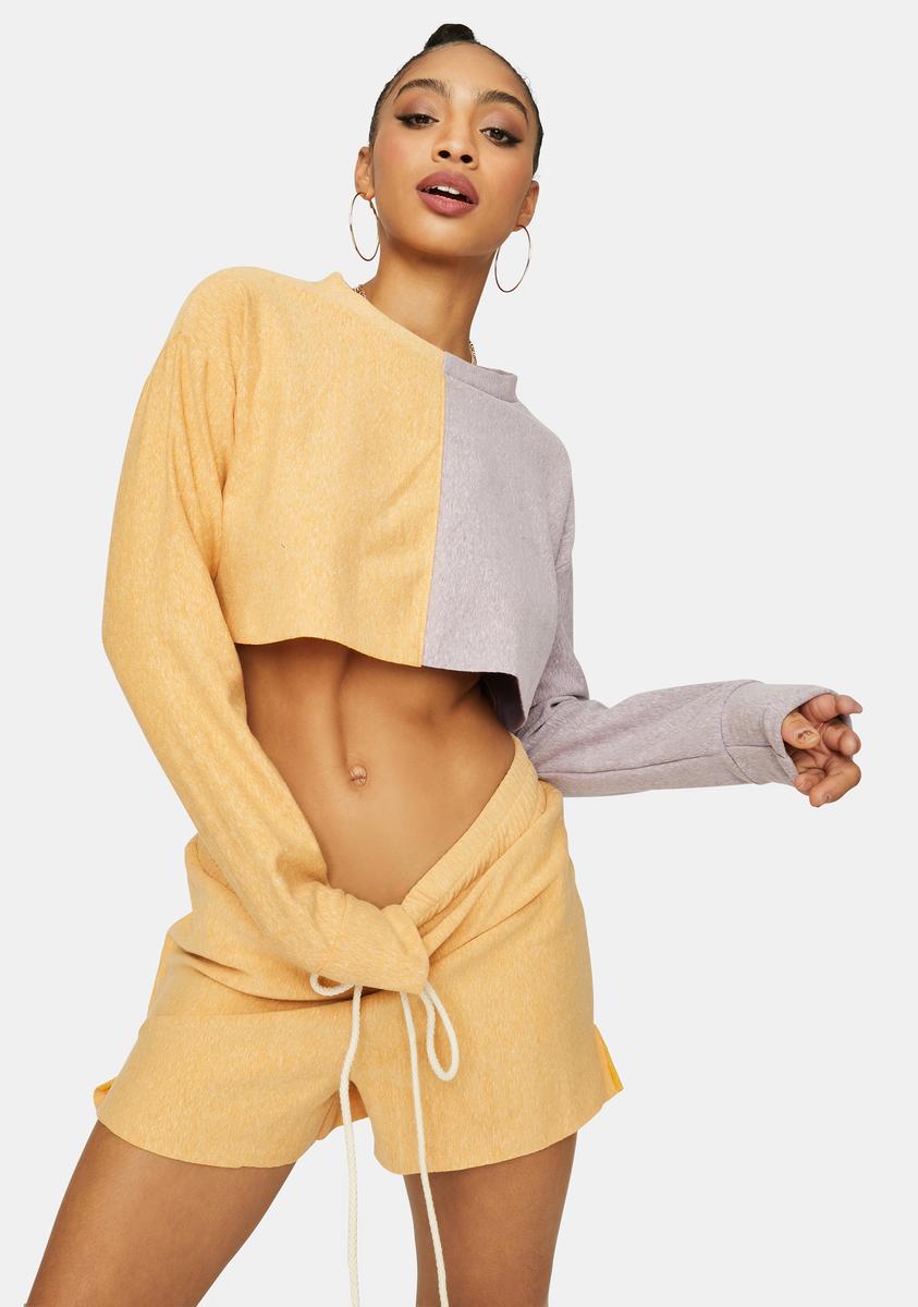 Two Tone Crop Sweatshirt And Lounge Shorts Set - Yellow/Purple – Dolls Kill