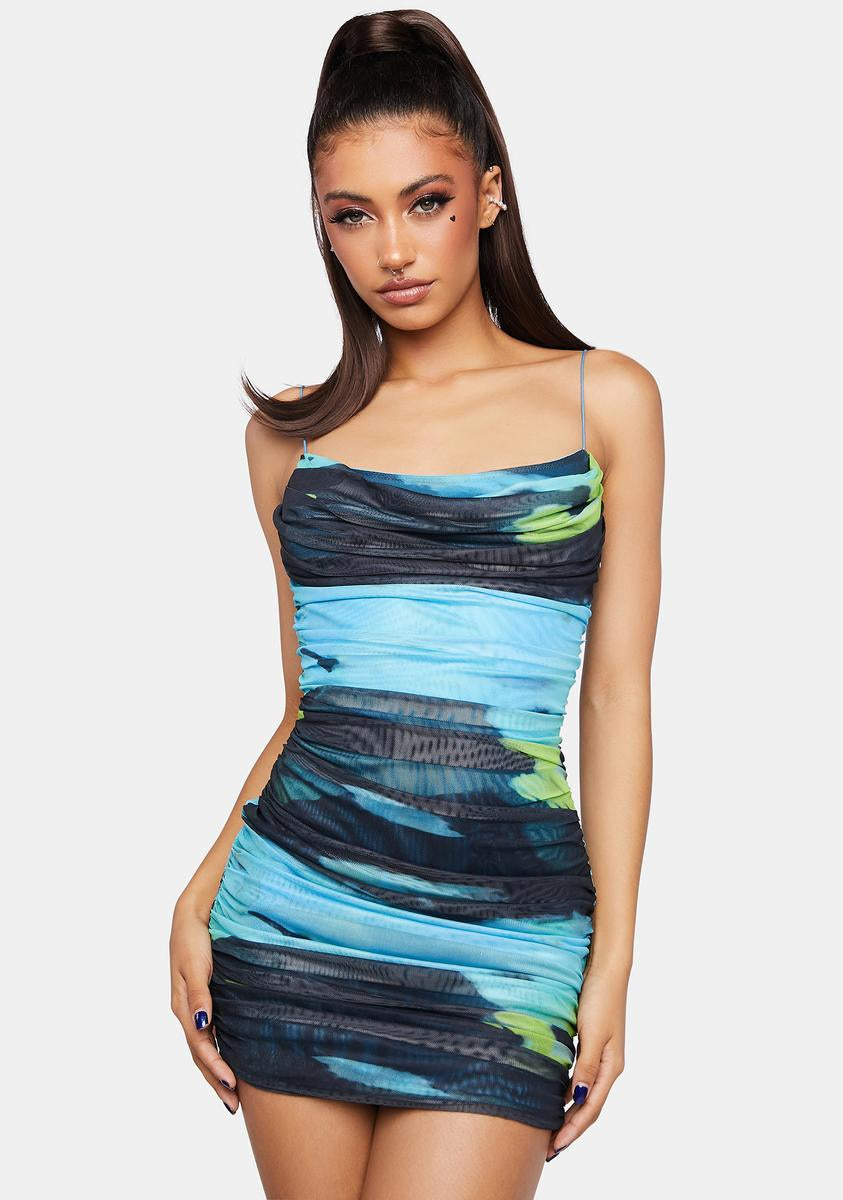 Abstract Print Ruched Mini Dress - Green – Dolls Kill