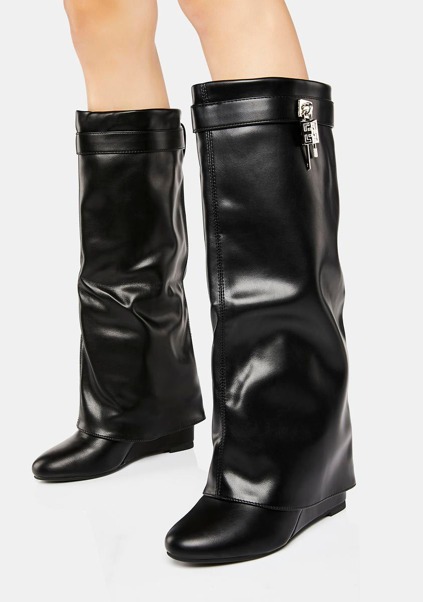 Vegan Leather Lock Charm Wedge Boots - Black – Dolls Kill