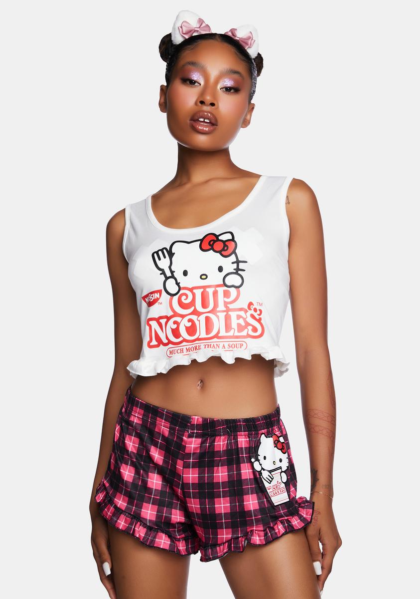 Hello Kitty x Cup Noodles Graphic Ruffled Tank Top And Plaid Shorts Set ...