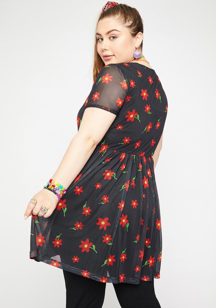 Plus Size Delia's Doodle Flower Print Mesh Babydoll Dress