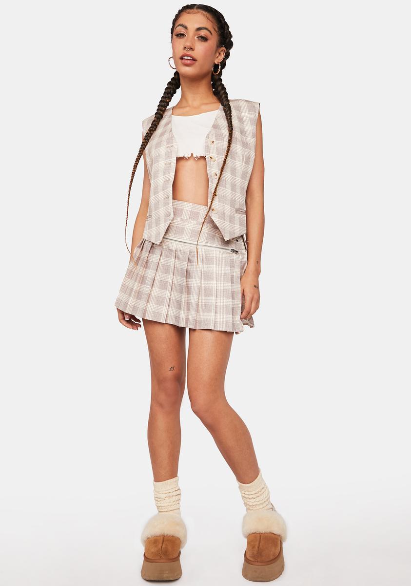 Lioness Pleated Plaid Mini Skirt - Beige – Dolls Kill