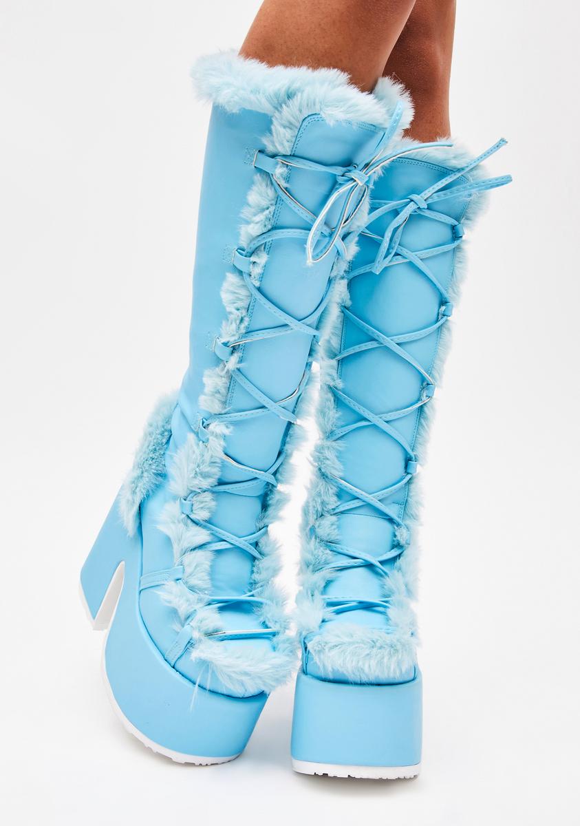 Demonia x Dolls Kill Camel-311 Faux Fur Knee High Platform Boots