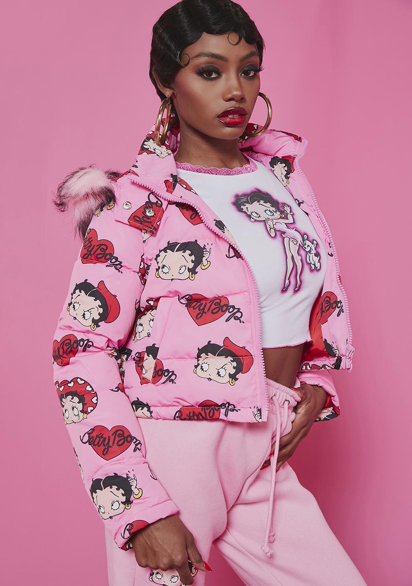 Dolls Kill x Betty Boop Cropped Puffer Jacket With Faux Fur
