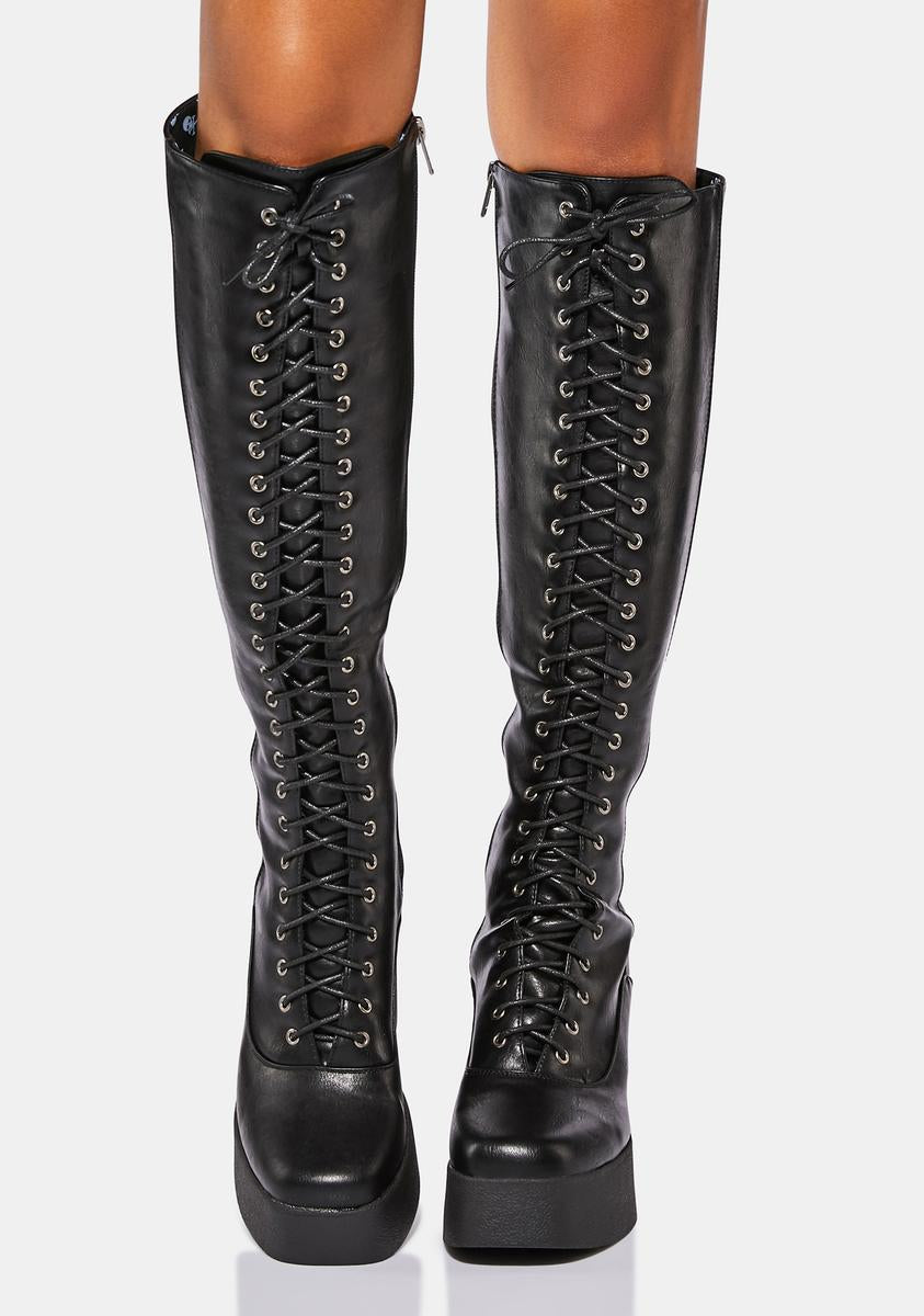 Lamoda Vegan Leather Platform Knee High Boots Black – Dolls Kill