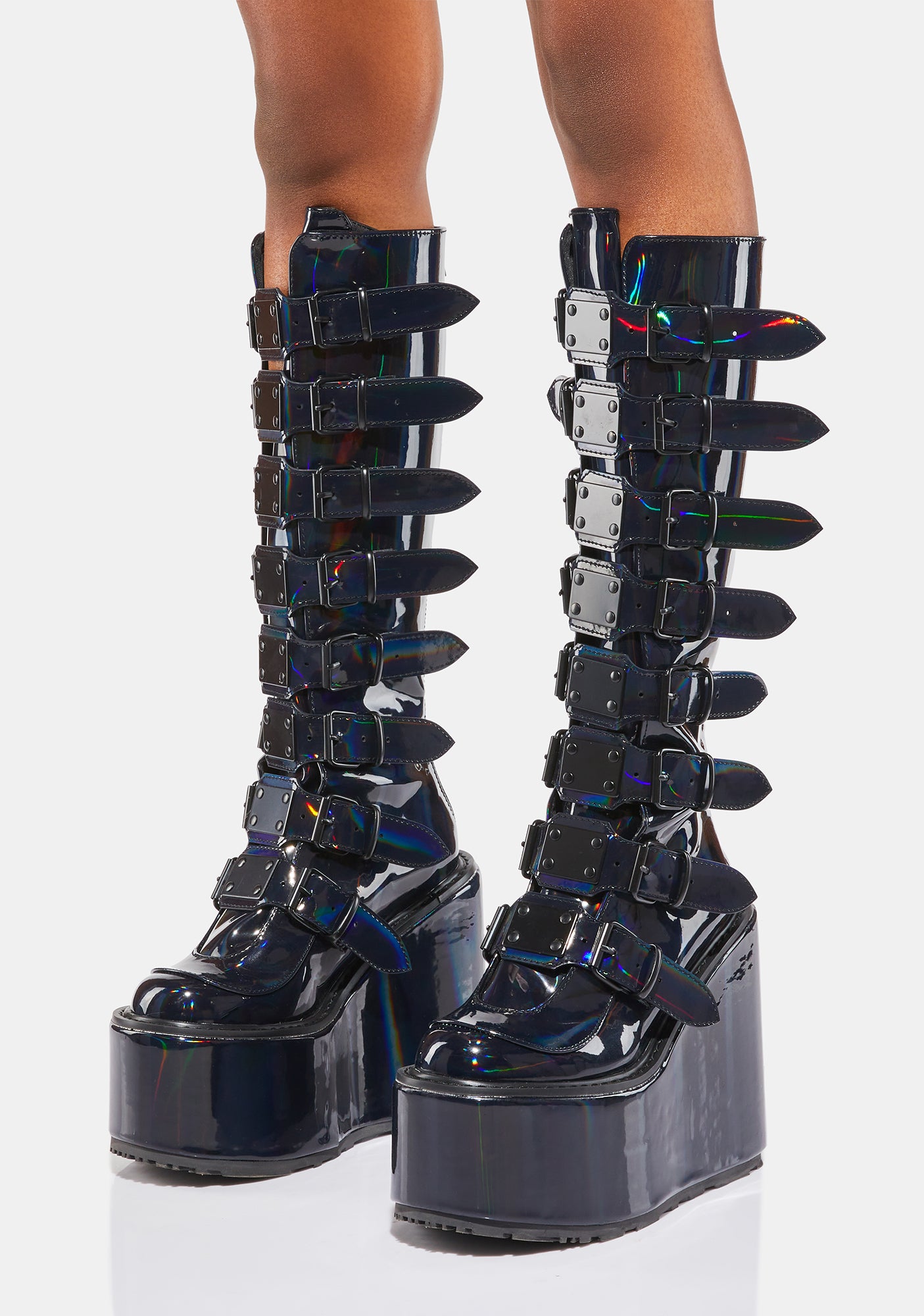 靴 Demonia dollskill matte lawtrinity boots Demonia Swing-105 Buckle Platform Ankle Boots - Black