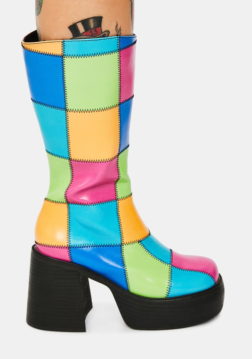 Delia's Patchwork Knee High Boots - Rainbow – Dolls Kill