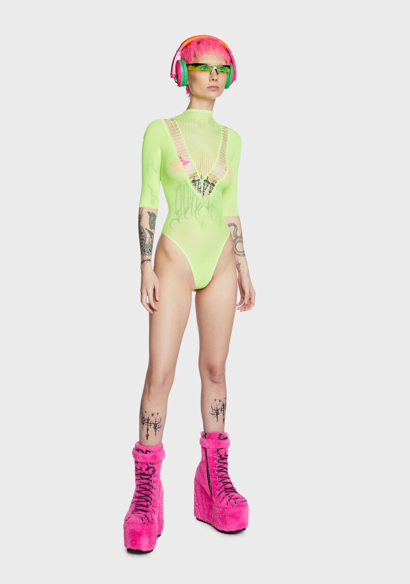 Sheer Mid Sleeve Bodysuit Neon Green Dolls Kill