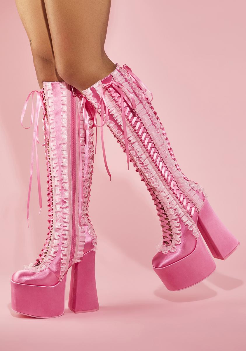 Sugar Thrillz Lace Up Ruffle Knee High Platform Boots - Pink