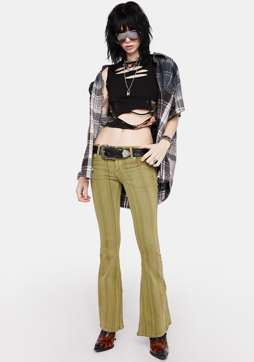 Green Striped Flare Jeans