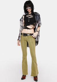Green Striped Flare Jeans