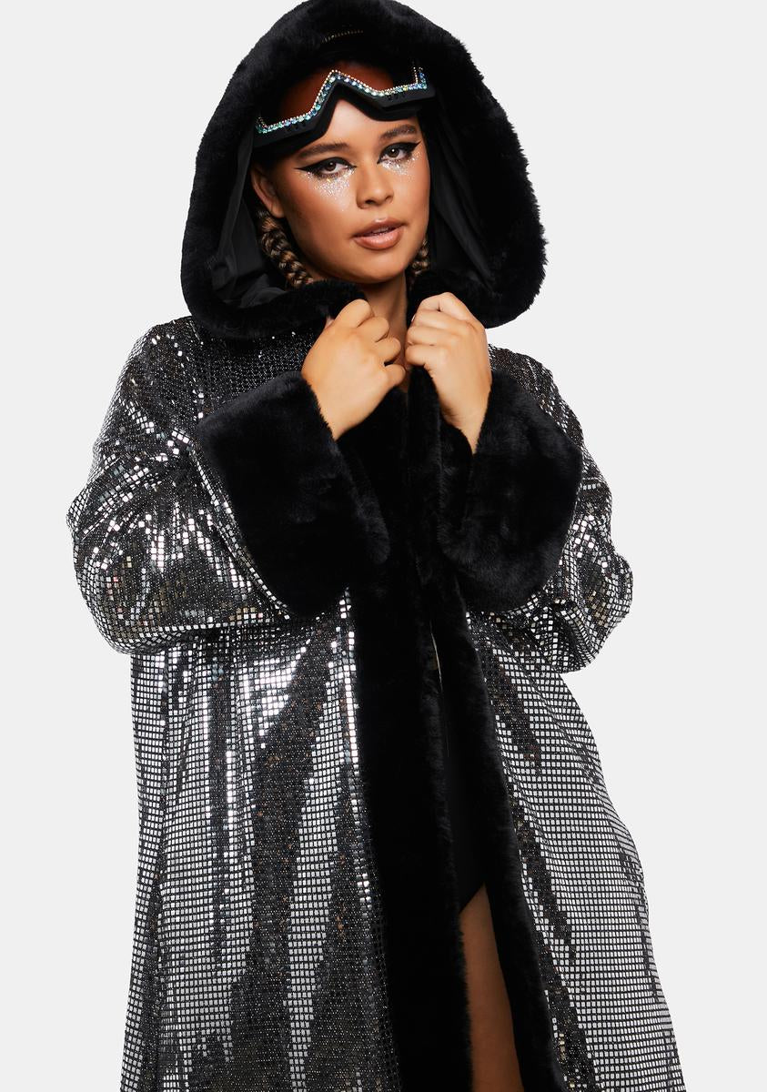 Plus Size Club Exx Mirror Sequin Hooded Duster Coat - Silver/Black