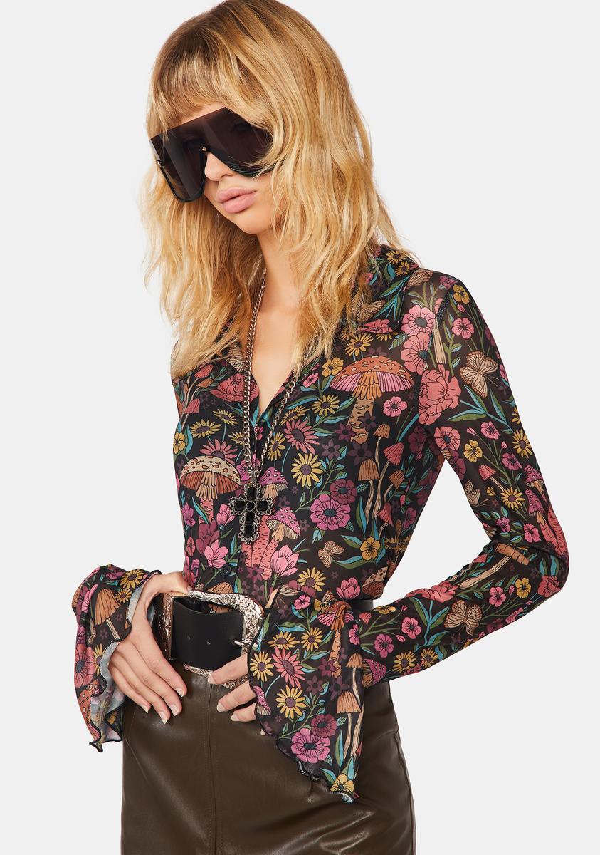 Current Mood Floral Mushroom Sheer Blouse Multi Dolls Kill
