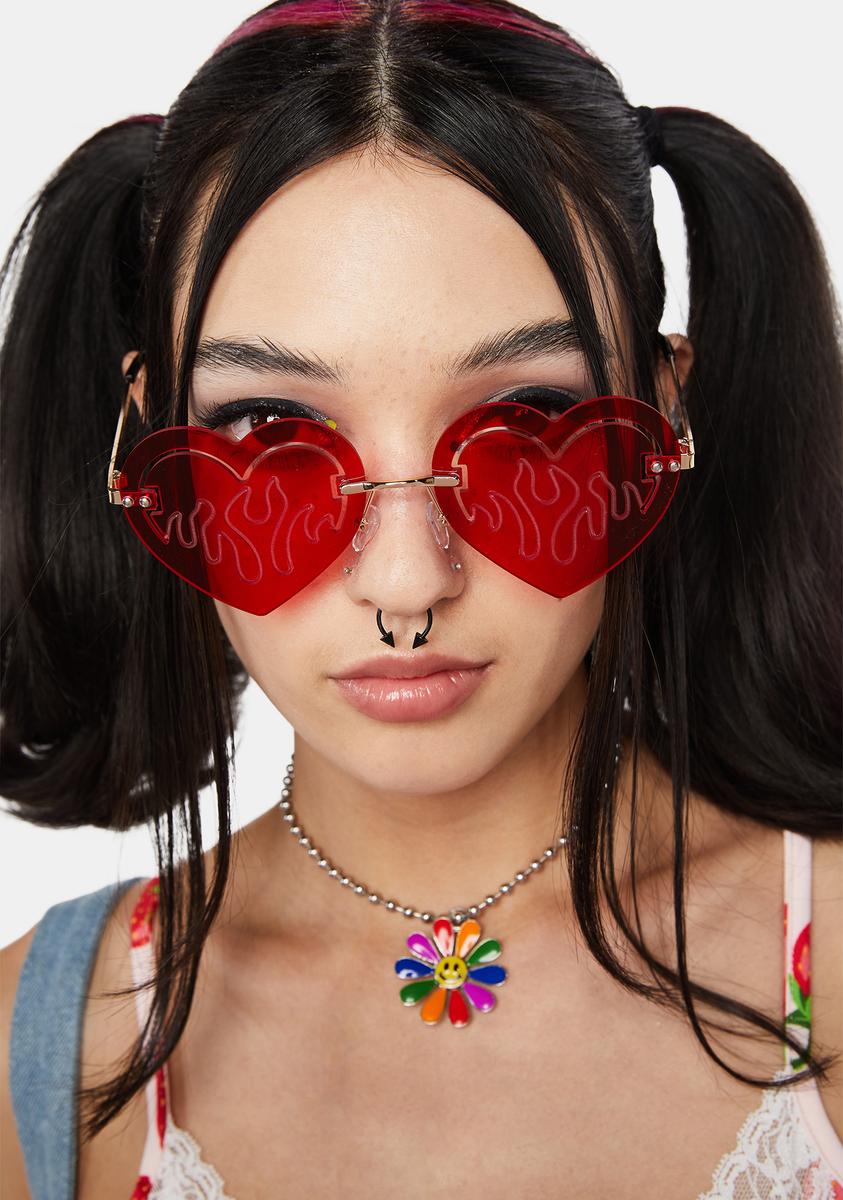 Heart Shaped Lenses Cut Out Flame Detail Tinted Oversized Sunglasses ...