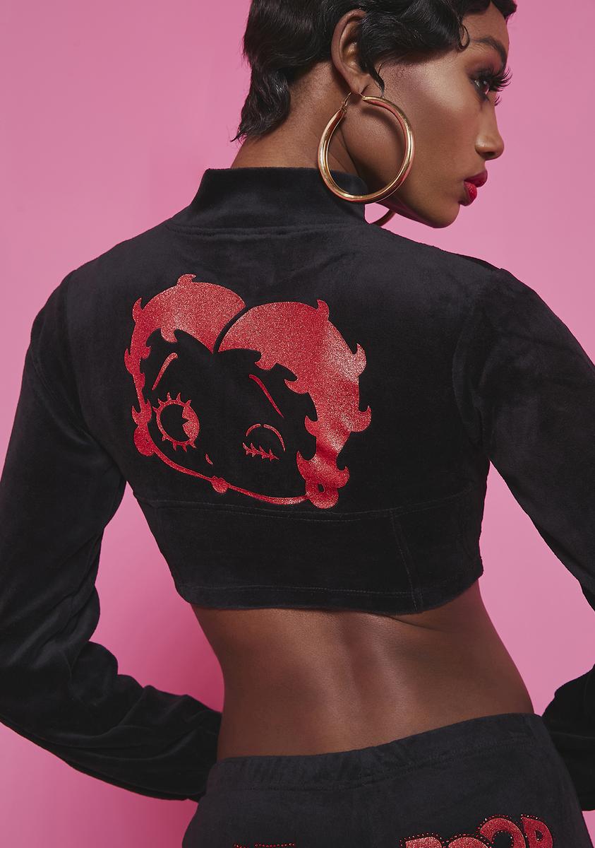 Dolls Kill x Betty Boop Crystal And Glitter Velour Zip Up Corset