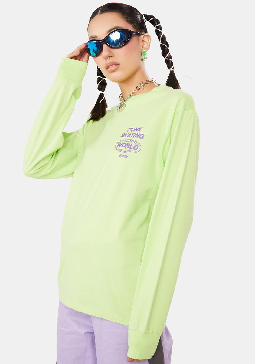 x-Girl Punk Skating World Long Sleeve Graphic Tee - Green – Dolls Kill