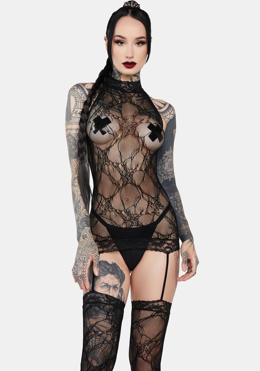 Sheer Lace Bodystocking Dress W/ Thigh-Highs - Black – Dolls Kill