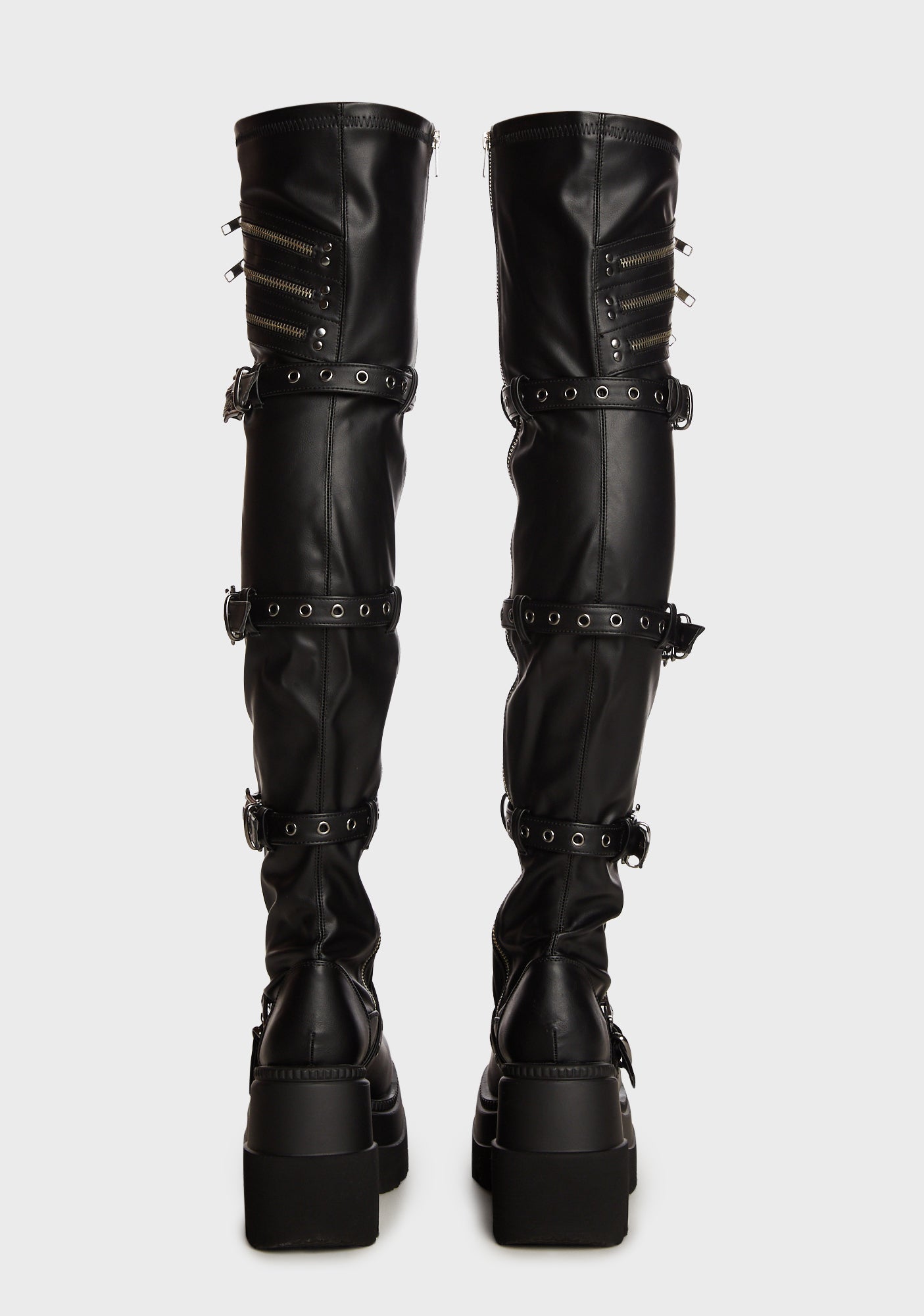 Demonia Thigh High Buckled Platform Boots Black Stretch Vegan Leather