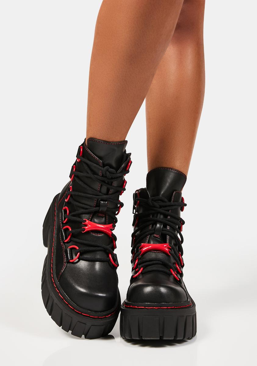 Current Mood D Ring Lace Up Combat Boots - Black/Red – Dolls Kill