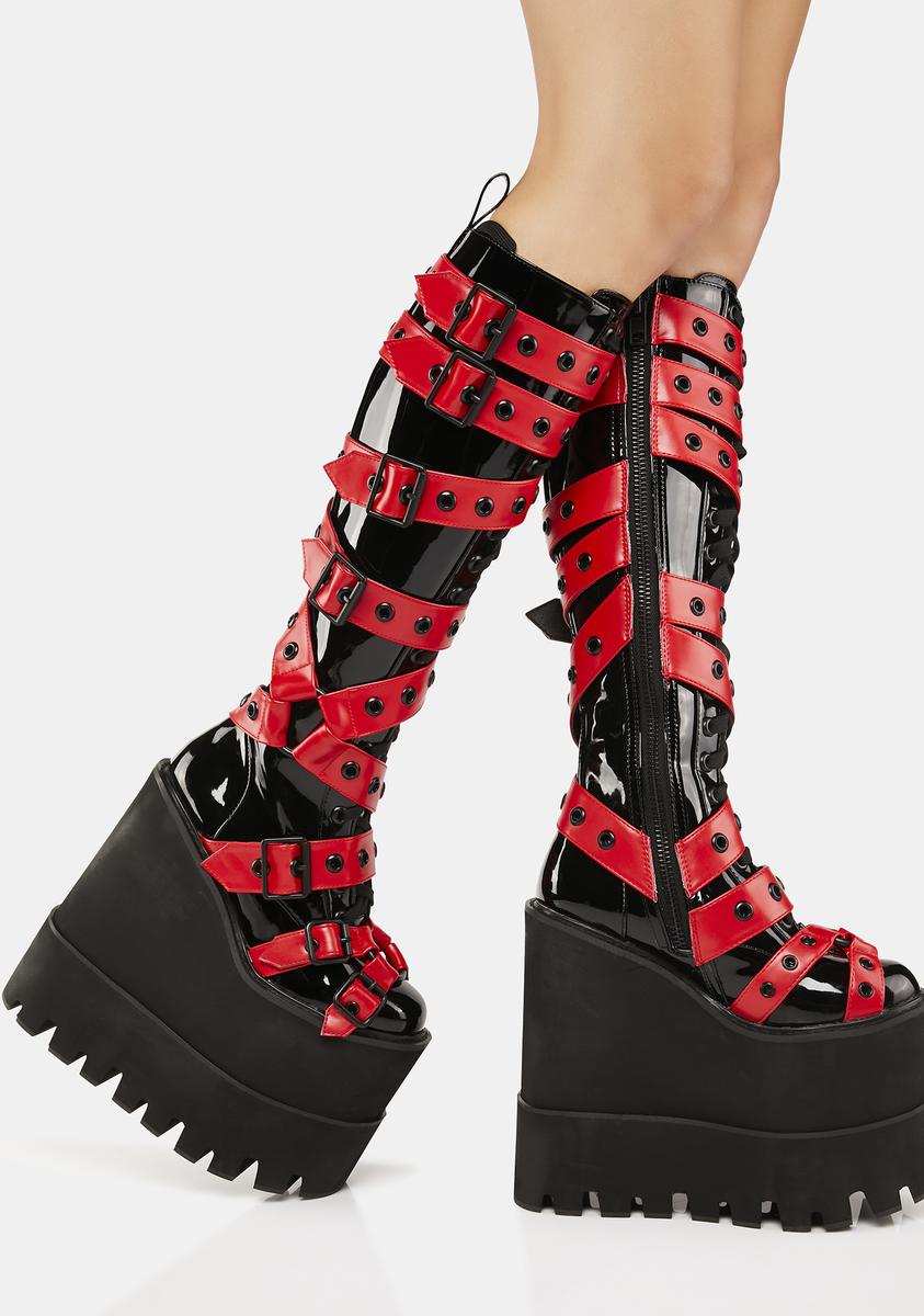 Current Mood Double Stacked Knee High Platform Buckle Boots - Black/Red ...