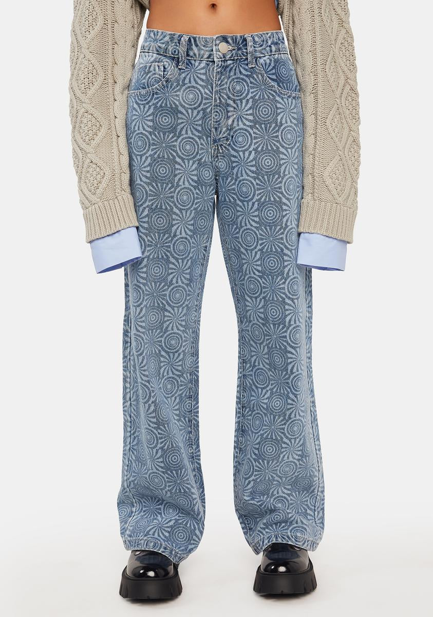 Another Girl Denim Swirl Checkerboard Print Denim Jeans - Blue – Dolls Kill