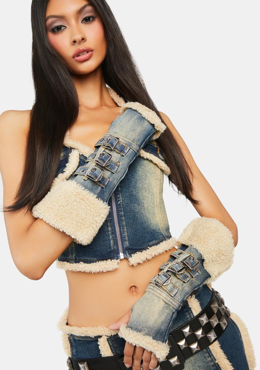 Generation Kiss Shearling Trim Washed Denim Buckle Gloves - Dark Blue – Dolls Ki