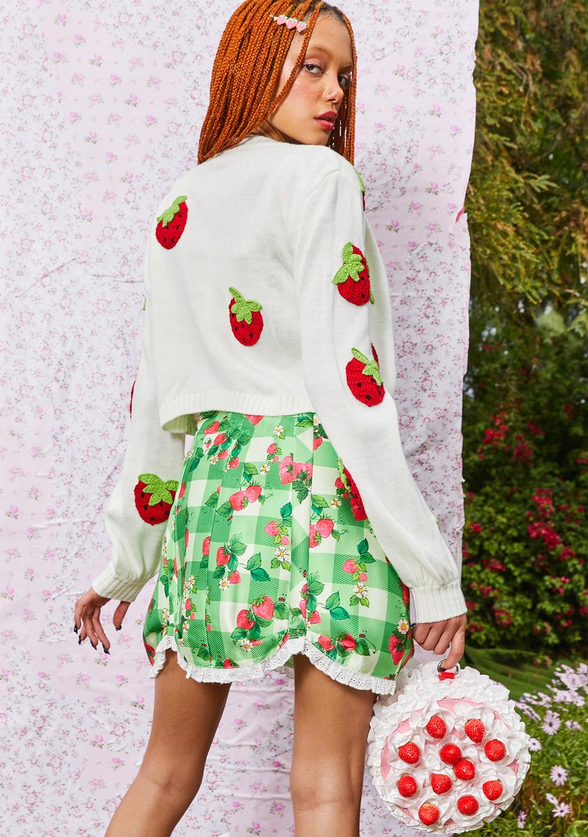 Dolls Kill X Strawberry Shortcake Cropped Knit Cardigan With 3D Strawberry Appliques White