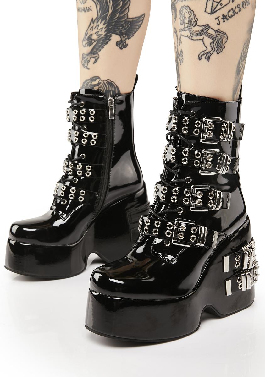 SIMMI Vinyl Buckle Platform Boots - Black – Dolls Kill