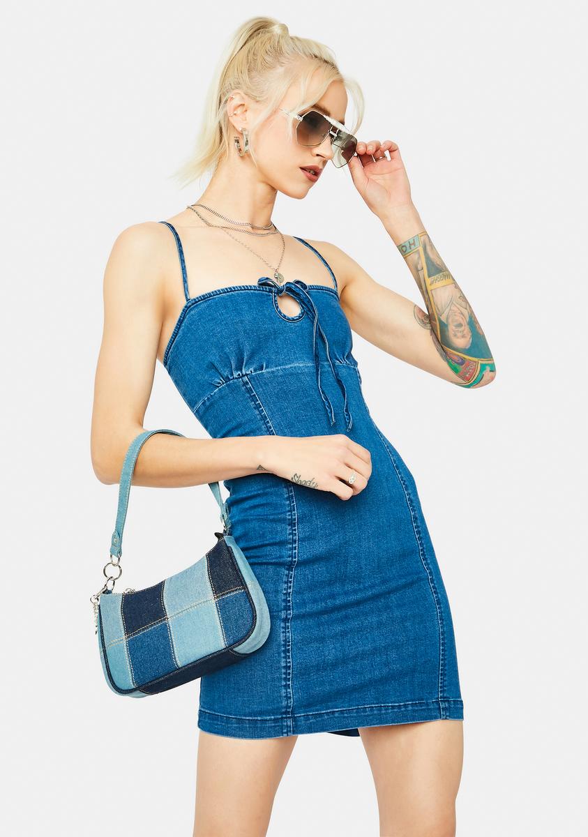 Keyhole Cutout Square Neck Bodycon Denim Mini Dress