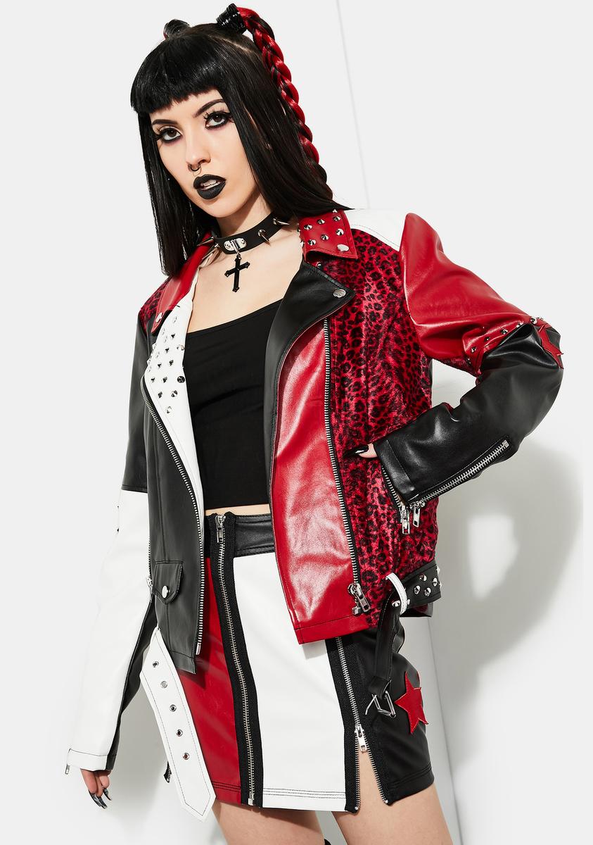 Current Mood Faux Leather Color Block Moto Jacket - Red