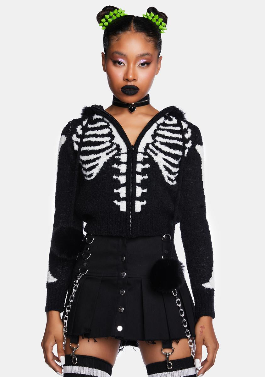 Too Fast Knit Skeleton Bone Print Crop Hoodie - Black – Dolls Kill