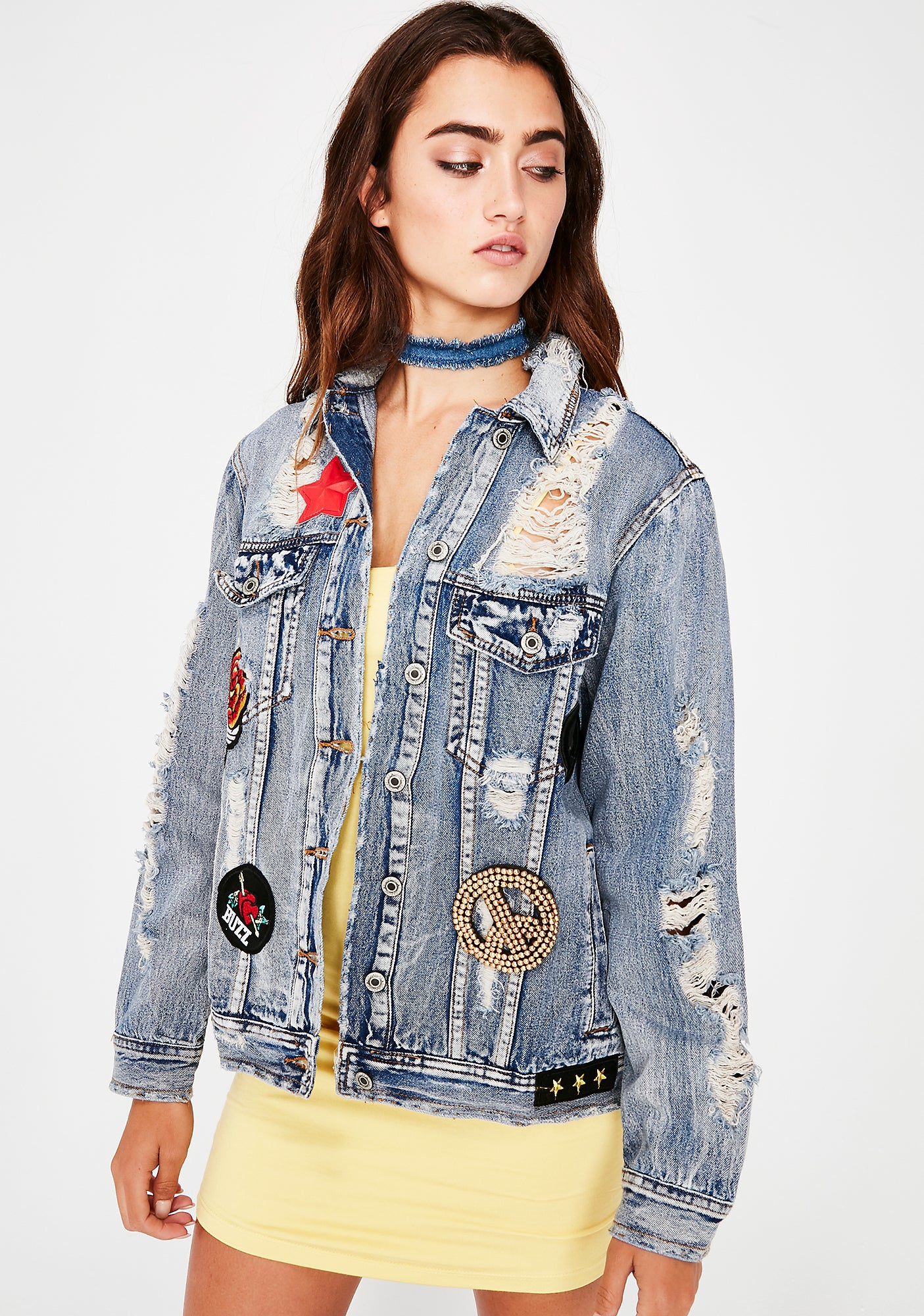 Patched Distressed Denim Jacket – Dolls Kill