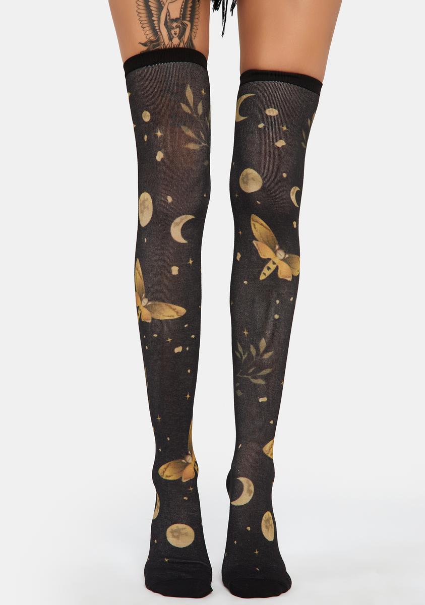 Moth And Moon Print Thigh High Socks – Dolls Kill