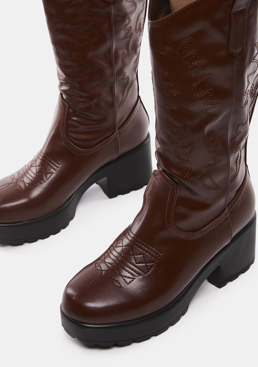 Koi Footwear Wintu Chunky Western Boots Brown Dolls Kill
