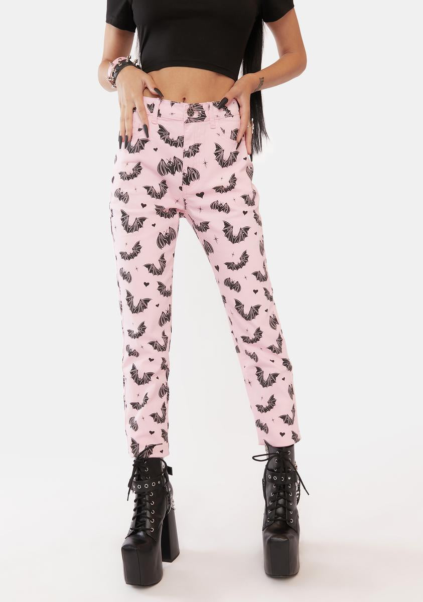The Grave Girls Bat Print High Waist Jeans - Pink/Black