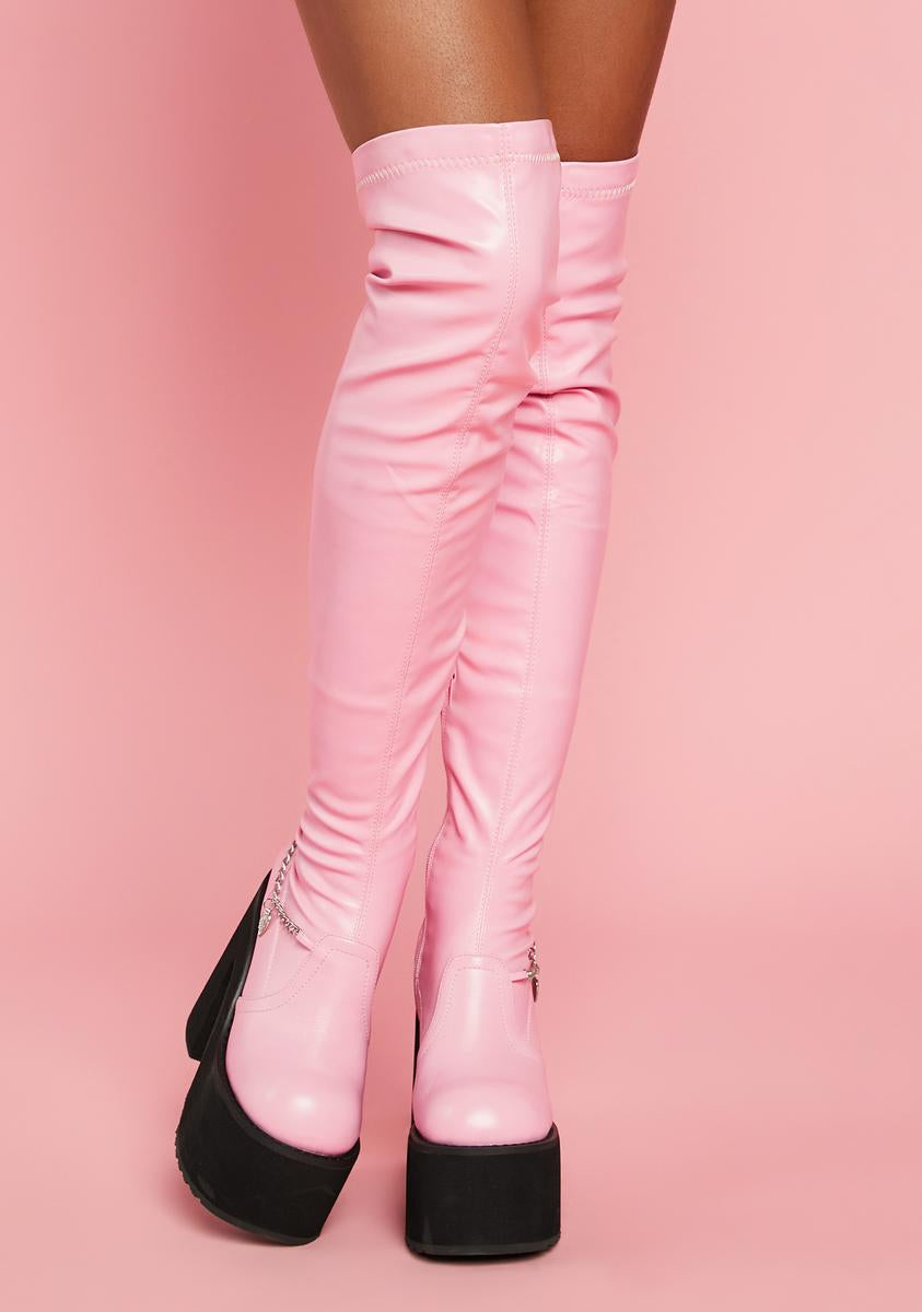 Sugar Thrillz Thigh High Vegan Leather Heart Charm Boots Pink - Main Image