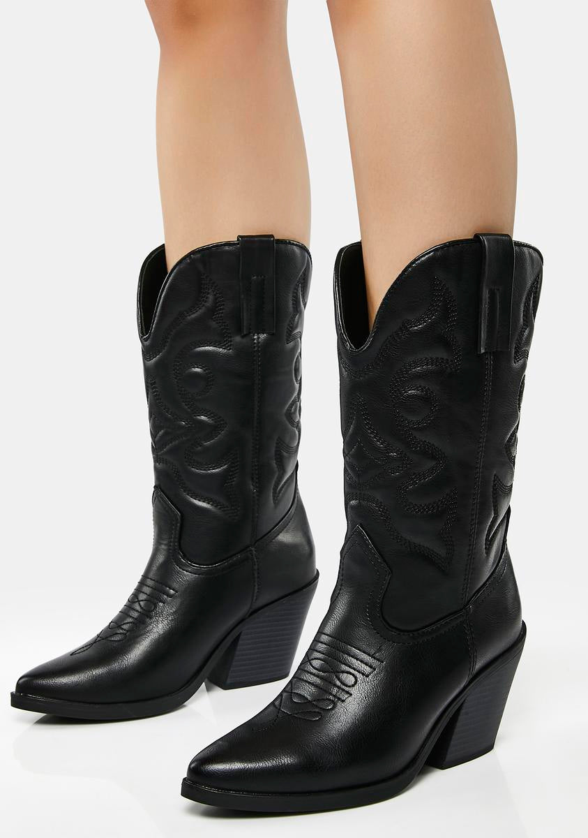 Decorative Stitched Vegan Leather Cowboy Boots - Black – Dolls Kill