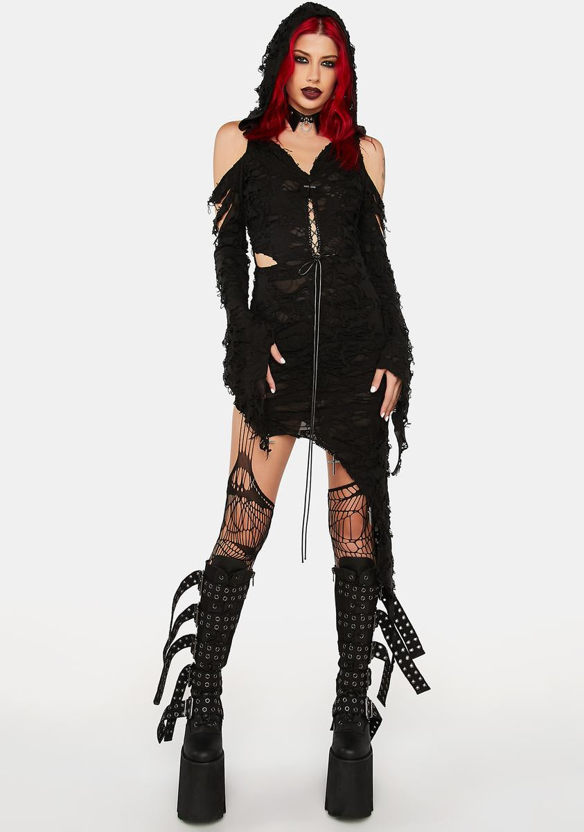 Dark In Love Lace Asymmetric Hood Dress