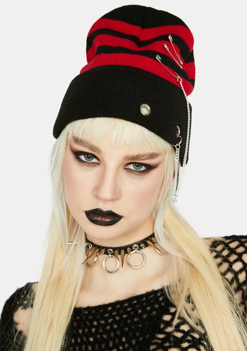 Striped Knit Punk Safety Pin Chain Beanie Black Red – Dolls Kill