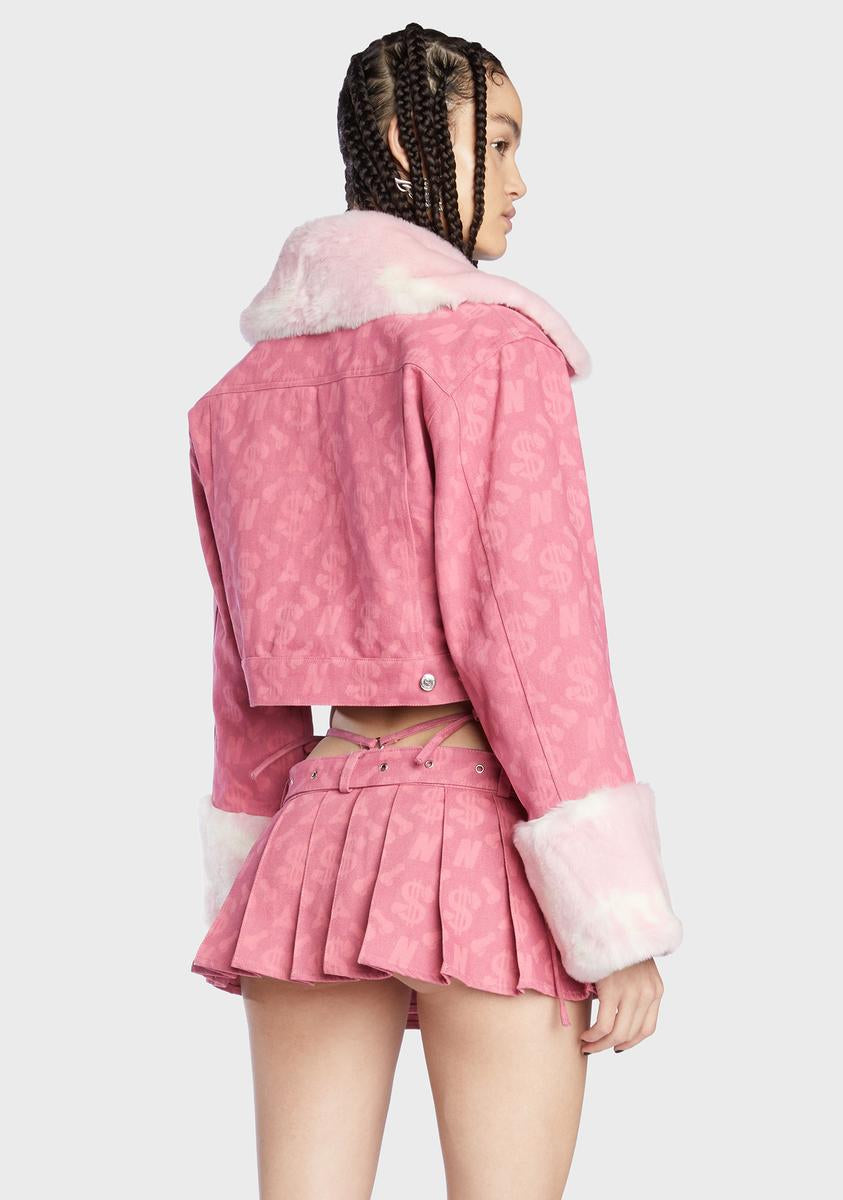 Namilia Dick Dollar Print Cropped Denim Jacket Pink Dolls Kill