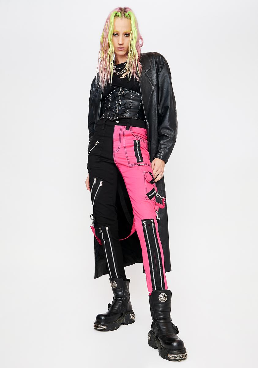 Doll Black & Pink Leather-Style Pants with Pink Boots Namilia Mesh Vegan Leather Paneled Moto Pants - Pink/Black  main image 2