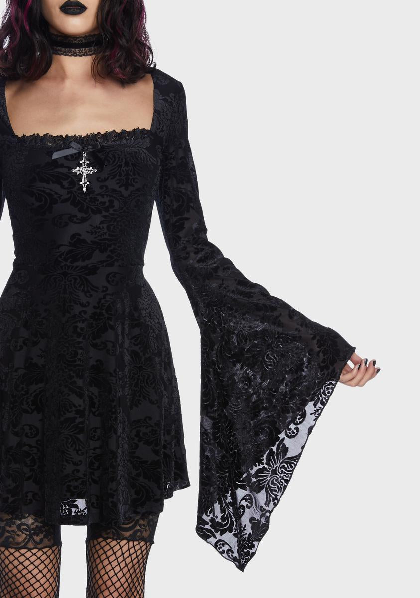 Widow Burnout Velvet Bell Sleeve Mini Dress - Black | Medium